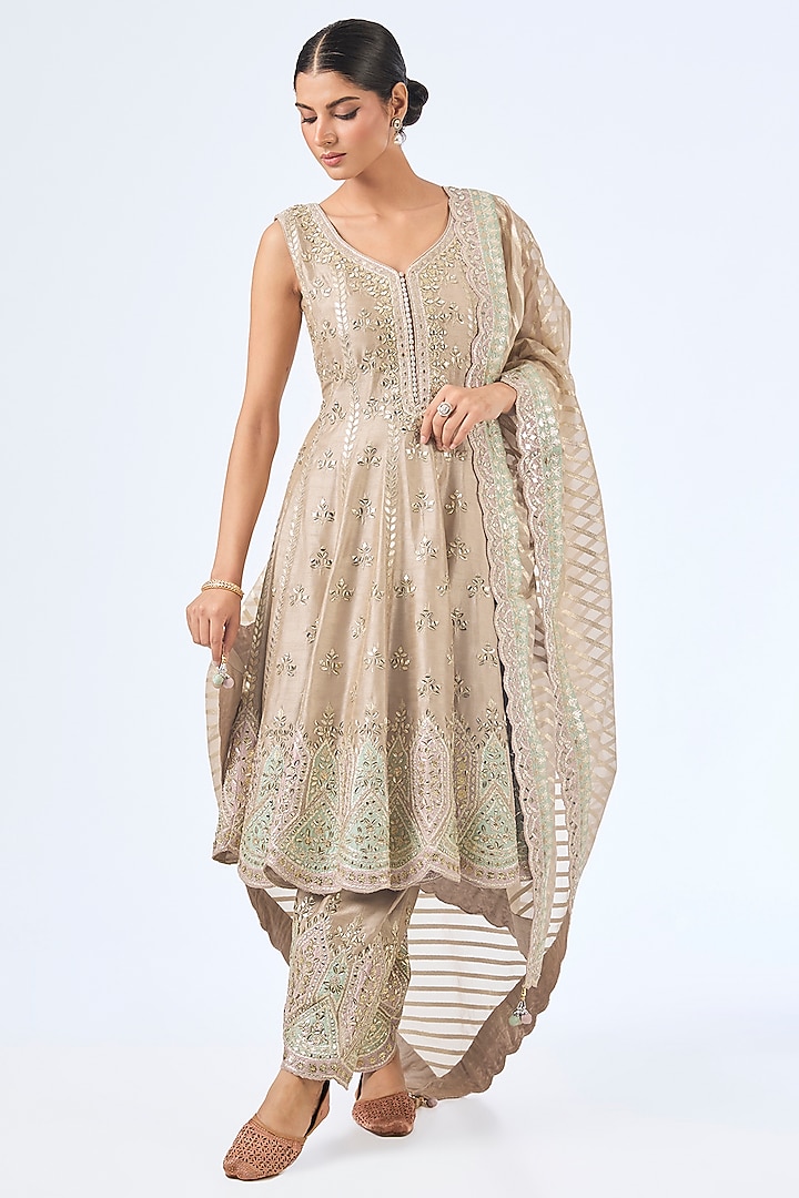 Champagne Slub Silk Patch Embroidered Wedding Anarkali Set by Suhino at Pernia's Pop Up Shop