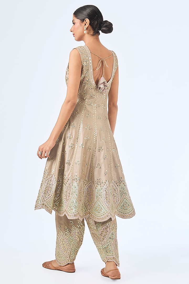 Champagne Slub Silk Patch Embroidered Wedding Anarkali Set by Suhino at Pernia's Pop Up Shop