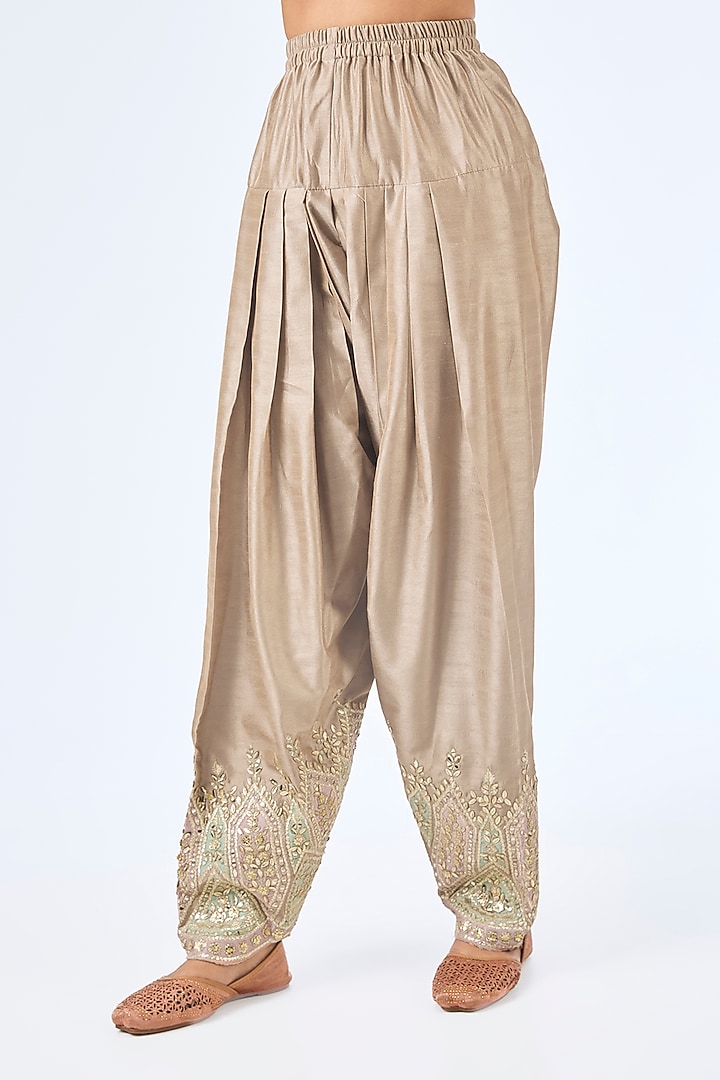 Champagne Slub Silk Patch Embroidered Wedding Anarkali Set by Suhino at Pernia's Pop Up Shop