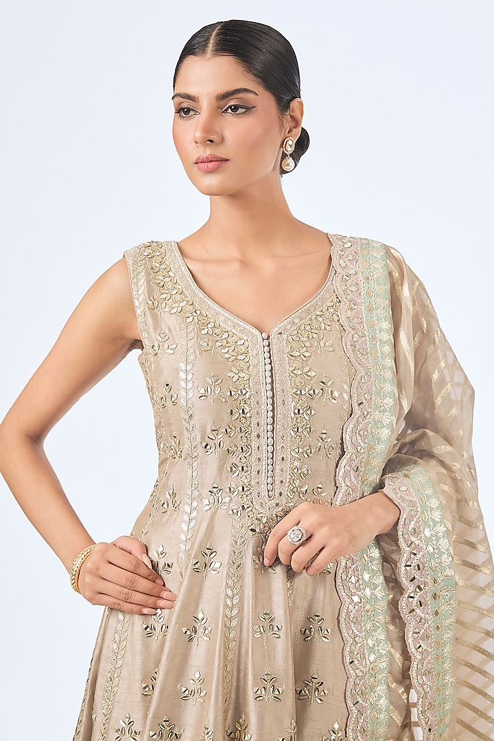 Champagne Slub Silk Patch Embroidered Wedding Anarkali Set by Suhino at Pernia's Pop Up Shop