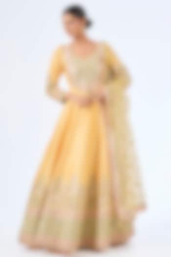 Yellow Slub Silk Patch Embroidered Wedding Anarkali Set by Suhino at Pernia's Pop Up Shop