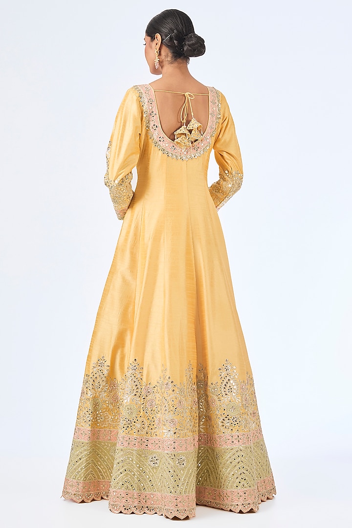 Yellow Slub Silk Patch Embroidered Wedding Anarkali Set by Suhino at Pernia's Pop Up Shop