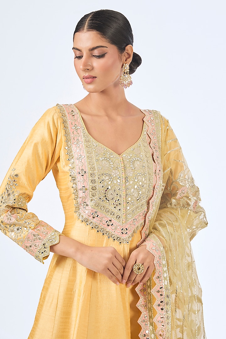 Yellow Slub Silk Patch Embroidered Wedding Anarkali Set by Suhino at Pernia's Pop Up Shop
