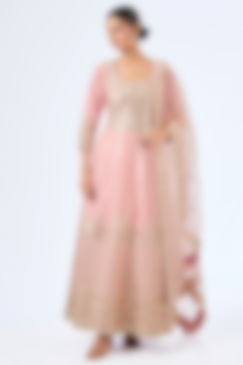 Pink Slub Silk Zari Embroidered Wedding Anarkali Set by Suhino at Pernia's Pop Up Shop