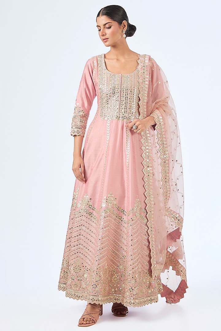 Pink Slub Silk Zari Embroidered Wedding Anarkali Set by Suhino at Pernia's Pop Up Shop