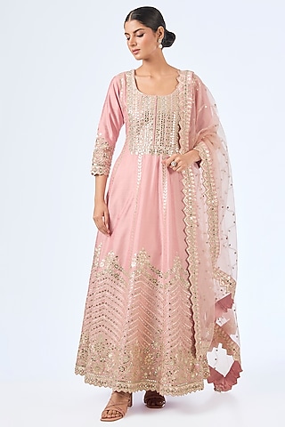 Pink Slub Silk Zari Embroidered Anarkali Set by Suhino