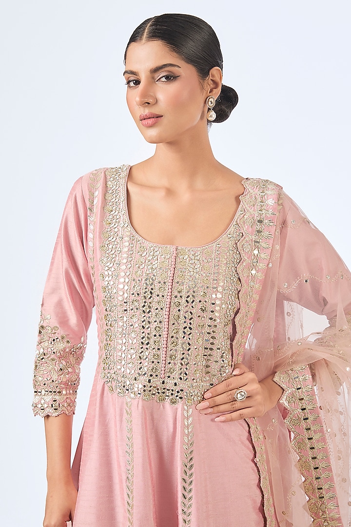 Pink Slub Silk Zari Embroidered Wedding Anarkali Set by Suhino at Pernia's Pop Up Shop
