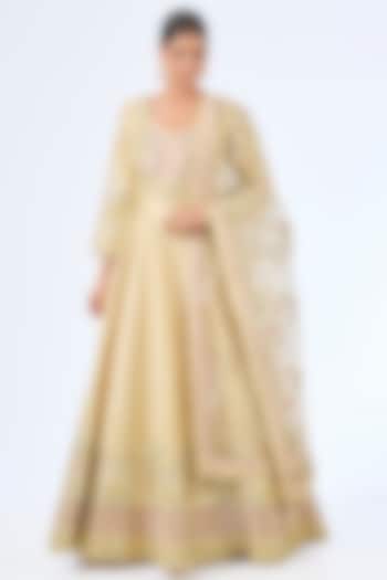 Dusty Yellow Slub Silk Patch Embroidered Wedding Anarkali Set by Suhino at Pernia's Pop Up Shop