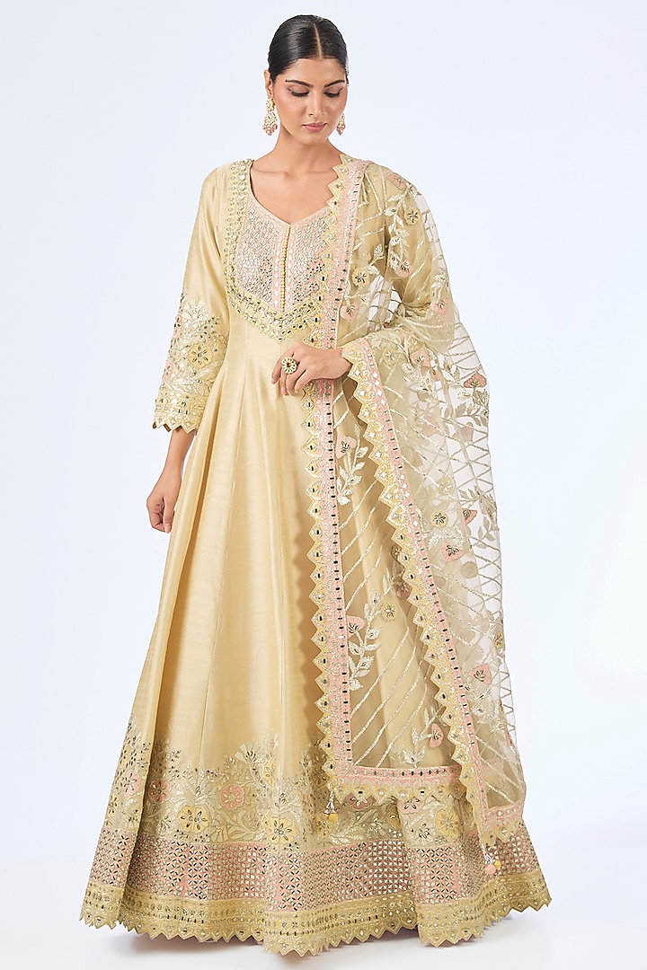 Dusty Yellow Slub Silk Patch Embroidered Wedding Anarkali Set by Suhino at Pernia's Pop Up Shop