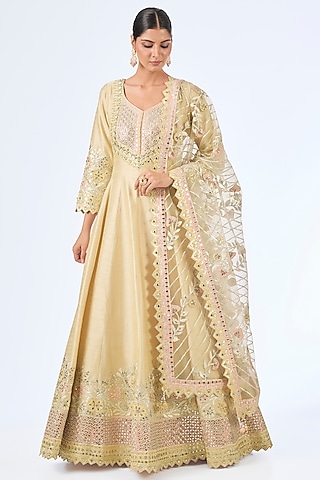 Dusty Yellow Slub Silk Patch Embroidered Anarkali Set by Suhino