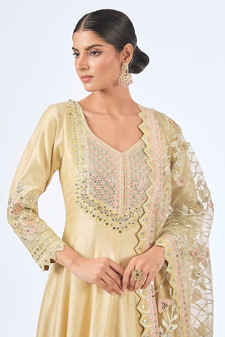 Dusty Yellow Slub Silk Patch Embroidered Wedding Anarkali Set by Suhino at Pernia's Pop Up Shop