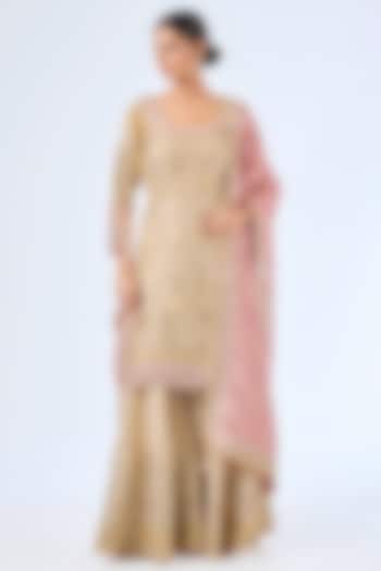 Yellow & Pink Tissue Silk Patch Embroidered Wedding Sharara Set by Suhino at Pernia's Pop Up Shop