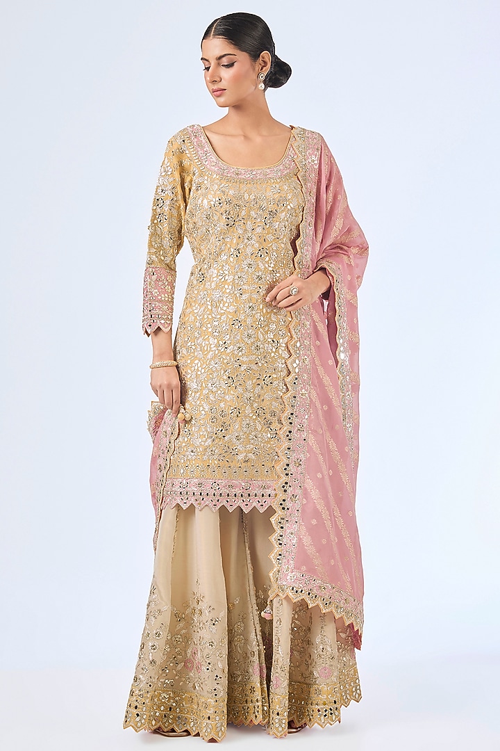 Yellow & Pink Tissue Silk Patch Embroidered Wedding Sharara Set by Suhino at Pernia's Pop Up Shop