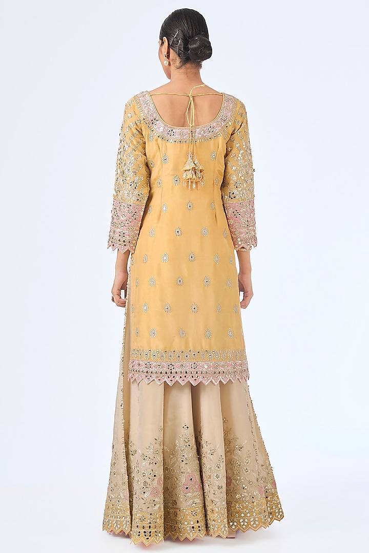 Yellow & Pink Tissue Silk Patch Embroidered Wedding Sharara Set by Suhino at Pernia's Pop Up Shop
