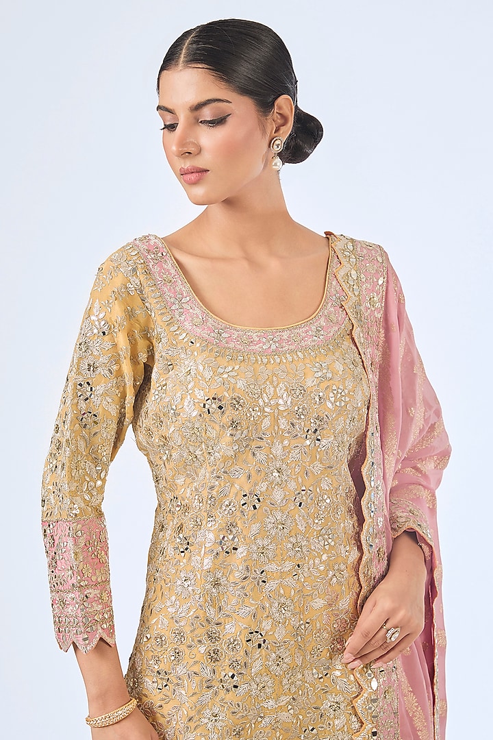 Yellow & Pink Tissue Silk Patch Embroidered Wedding Sharara Set by Suhino at Pernia's Pop Up Shop