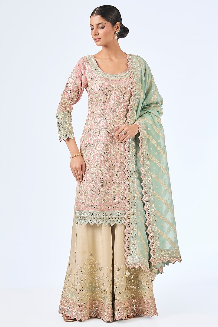 Blue & Pink Tissue Silk Mirror Work Kurta Set by Suhino at Pernia's Pop Up Shop
