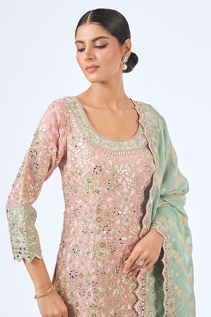 Blue & Pink Tissue Silk Mirror Work Kurta Set by Suhino at Pernia's Pop Up Shop