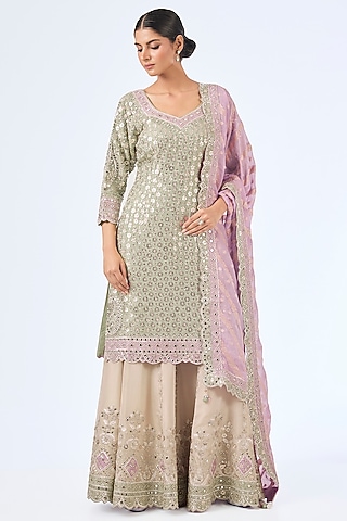 Green & Purple Tissue Silk Mirror Work Kurta Set by Suhino