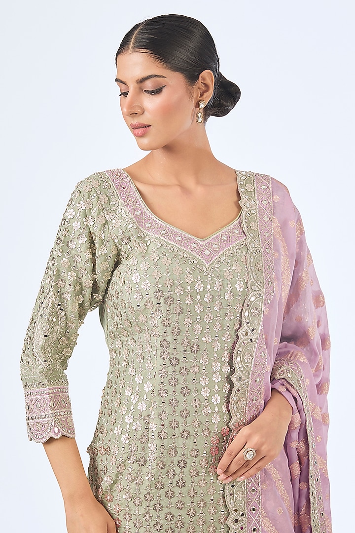 Green & Purple Tissue Silk Mirror Work Kurta Set by Suhino at Pernia's Pop Up Shop