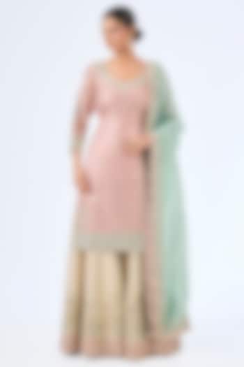 Blue & Pink Tissue Silk Mirror Work Kurta Set by Suhino at Pernia's Pop Up Shop