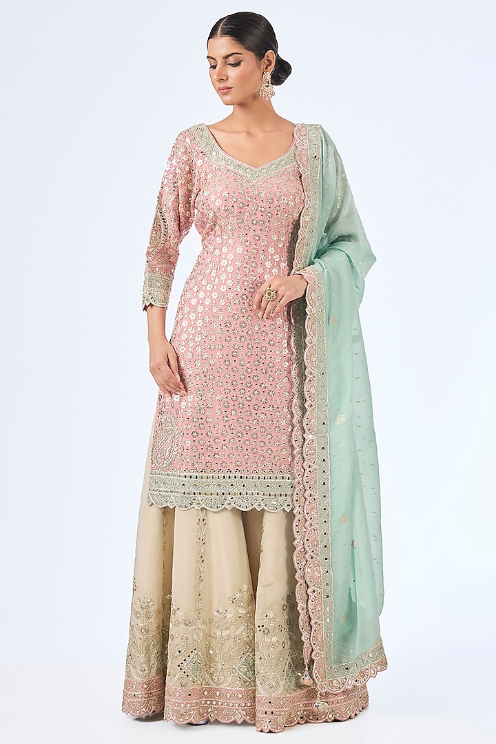 Blue & Pink Tissue Silk Mirror Work Kurta Set by Suhino at Pernia's Pop Up Shop