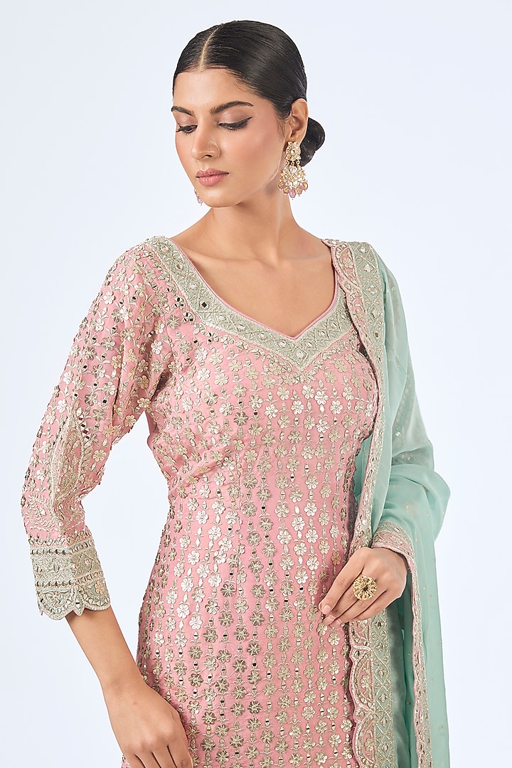 Blue & Pink Tissue Silk Mirror Work Kurta Set by Suhino at Pernia's Pop Up Shop