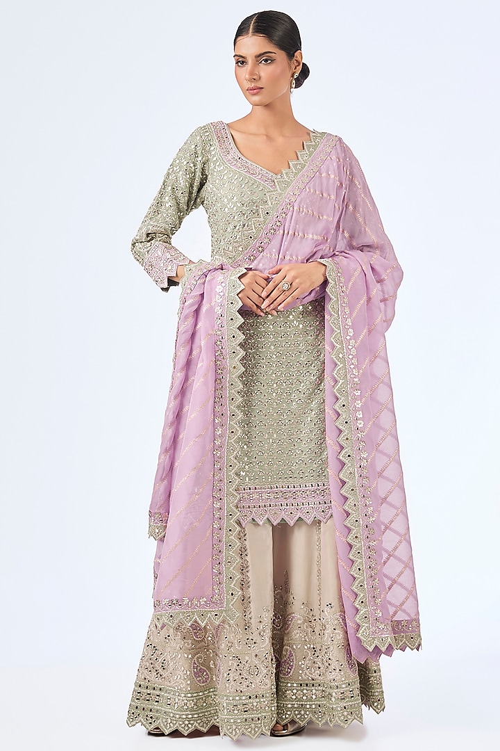 Green & Purple Tissue Silk Mirror Work Kurta Set by Suhino at Pernia's Pop Up Shop
