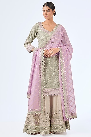 Green & Purple Tissue Silk Mirror Work Kurta Set by Suhino
