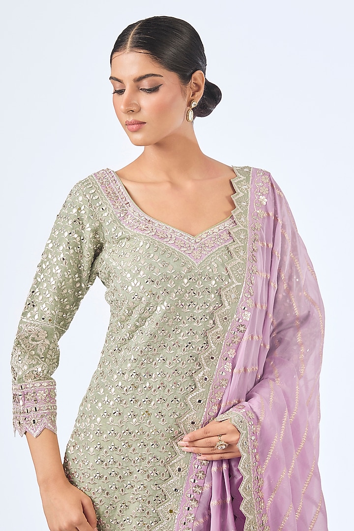 Green & Purple Tissue Silk Mirror Work Kurta Set by Suhino at Pernia's Pop Up Shop