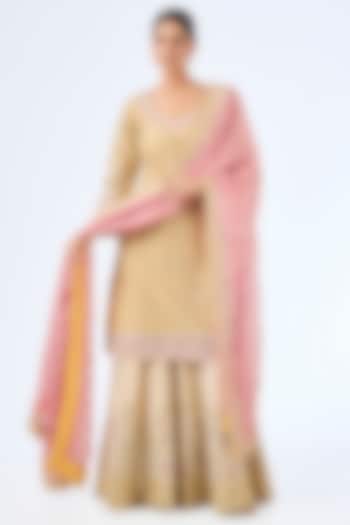 Yellow & Pink Tissue Silk Mirror Work Kurta Set by Suhino at Pernia's Pop Up Shop