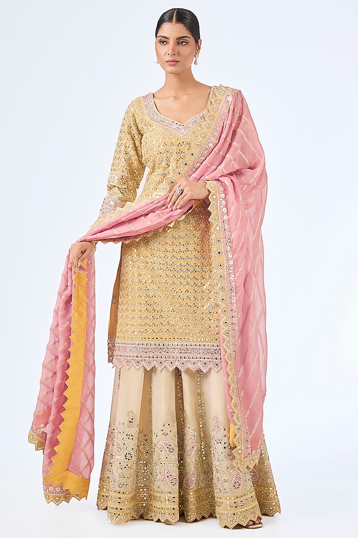 Yellow & Pink Tissue Silk Mirror Work Kurta Set by Suhino at Pernia's Pop Up Shop