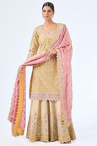 Yellow & Pink Tissue Silk Mirror Work Kurta Set by Suhino