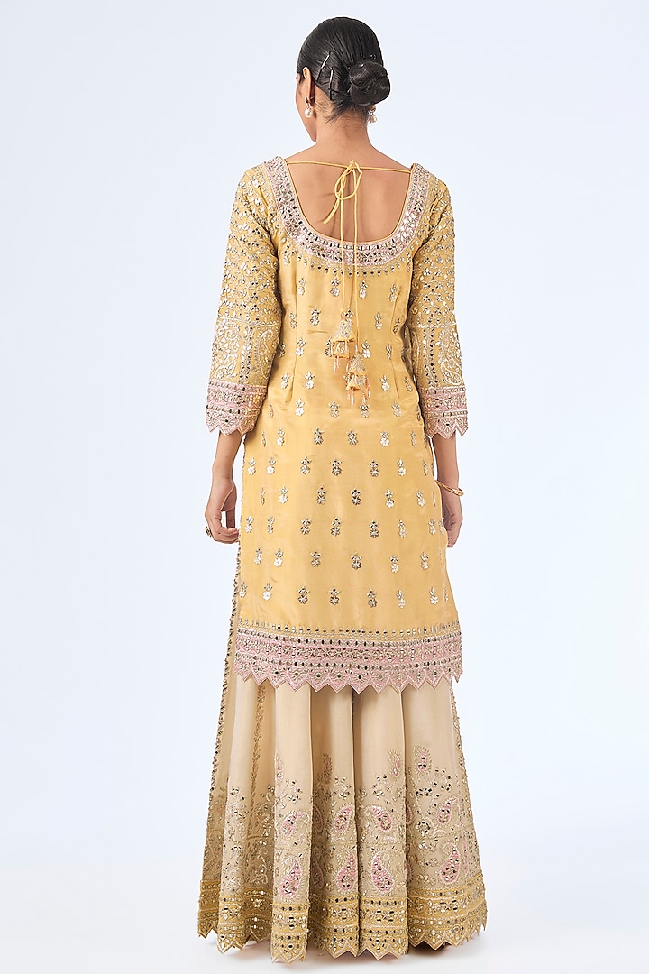 Yellow & Pink Tissue Silk Mirror Work Kurta Set by Suhino at Pernia's Pop Up Shop