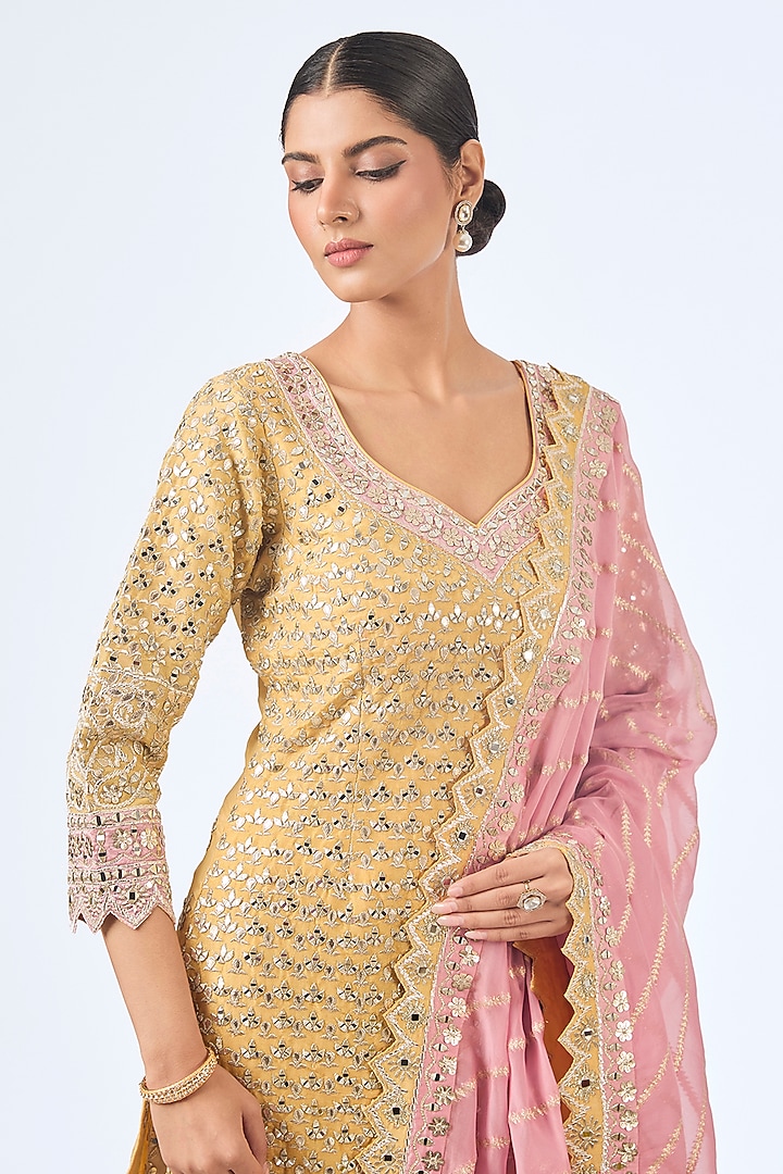 Yellow & Pink Tissue Silk Mirror Work Kurta Set by Suhino at Pernia's Pop Up Shop