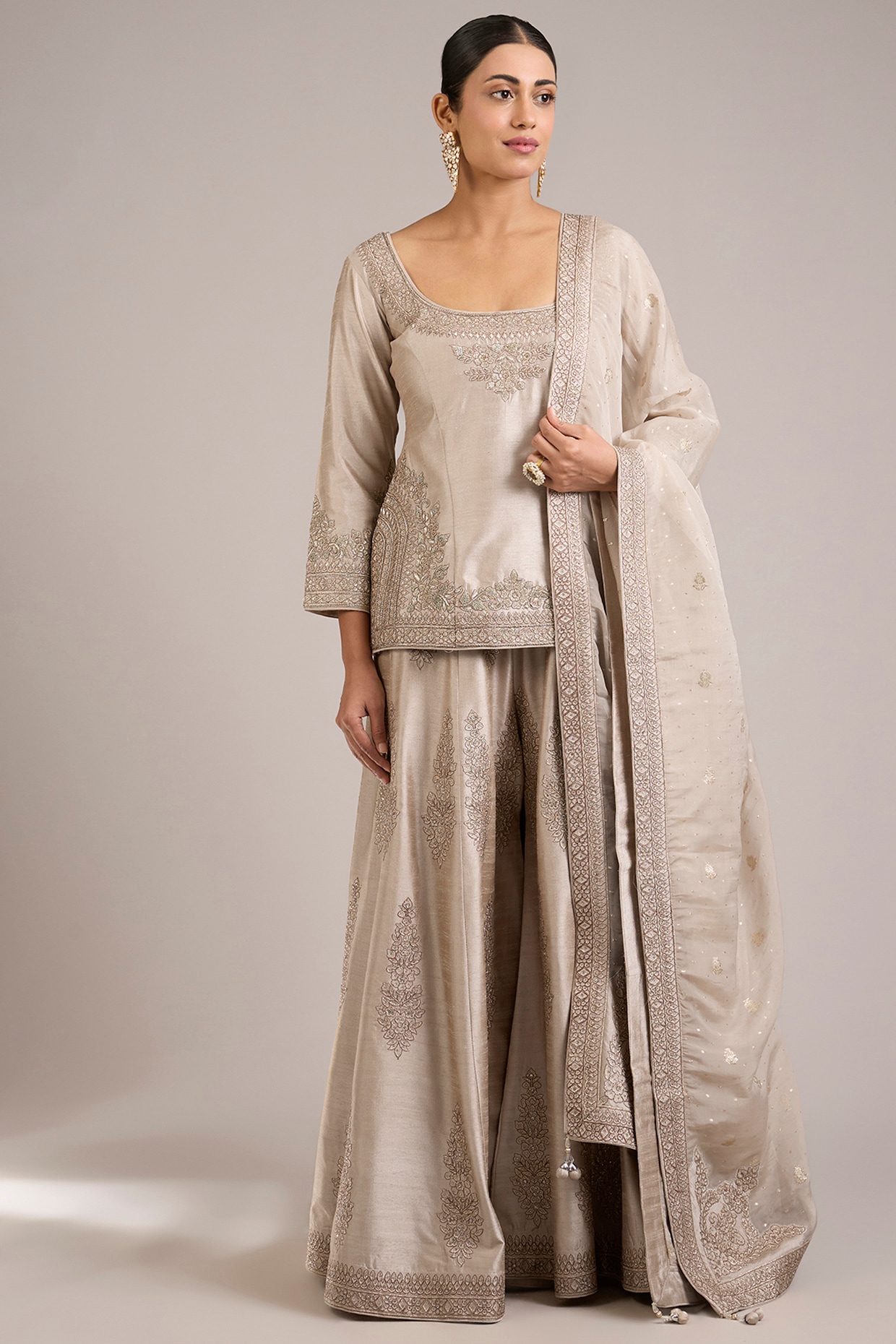 Suhino Champagne Slub Silk Dori Handwork Embroidered Sharara Set
