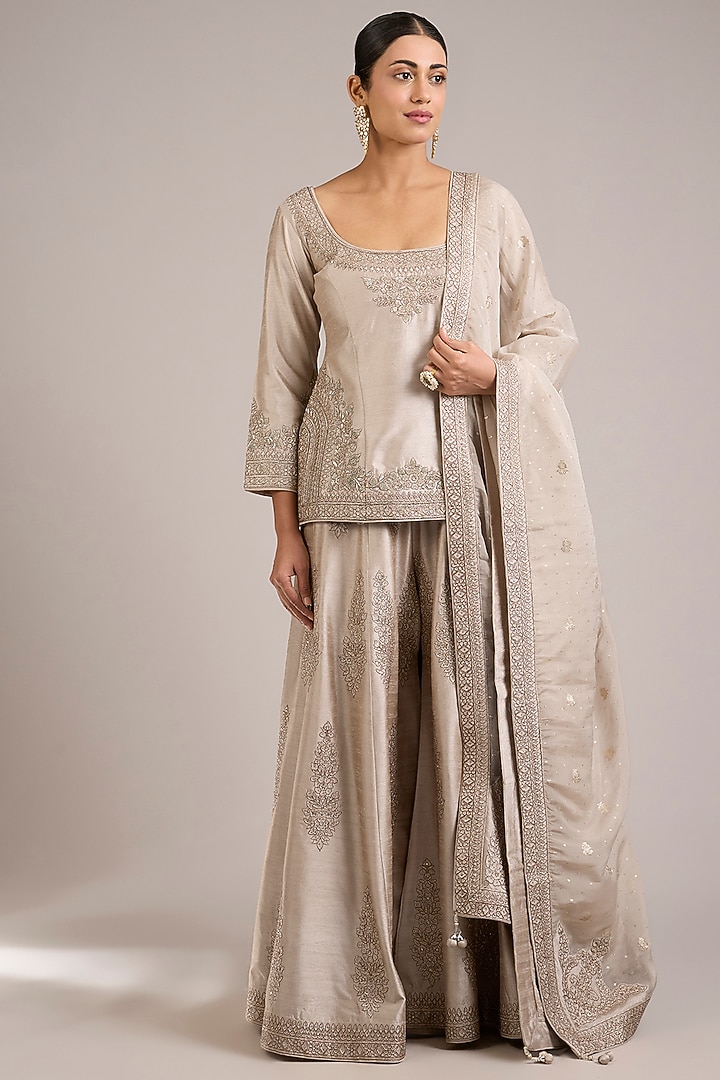 Champagne Slub Silk Dori Handwork Embroidered Wedding Sharara Set by Suhino at Pernia's Pop Up Shop
