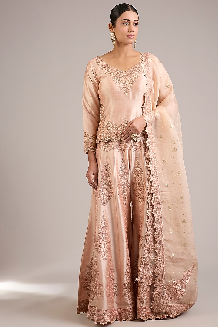 Peach Slub Silk Dori Handwork Embroidered Wedding Sharara Set by Suhino at Pernia's Pop Up Shop