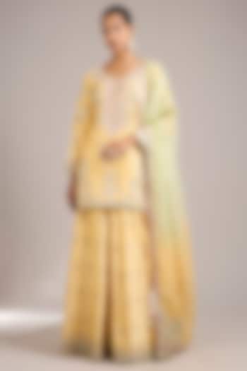 Yellow Slub Silk Mirrorwork Embroidered Wedding Sharara Set by Suhino at Pernia's Pop Up Shop