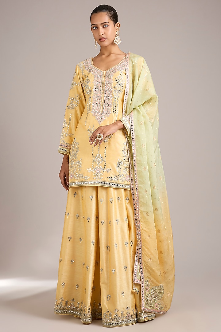 Yellow Slub Silk Mirrorwork Embroidered Wedding Sharara Set by Suhino at Pernia's Pop Up Shop