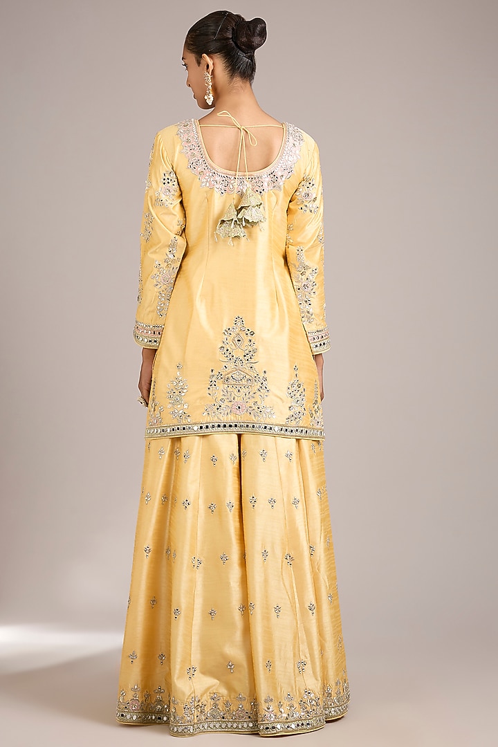 Yellow Slub Silk Mirrorwork Embroidered Wedding Sharara Set by Suhino at Pernia's Pop Up Shop