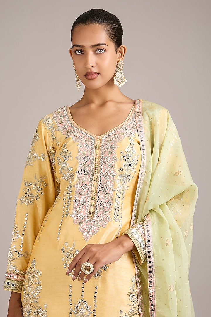 Yellow Slub Silk Mirrorwork Embroidered Wedding Sharara Set by Suhino at Pernia's Pop Up Shop