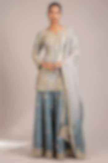 Dusty Grey Tissue & Slub Silk Mirrorwork Embroidered Wedding Sharara Set by Suhino at Pernia's Pop Up Shop