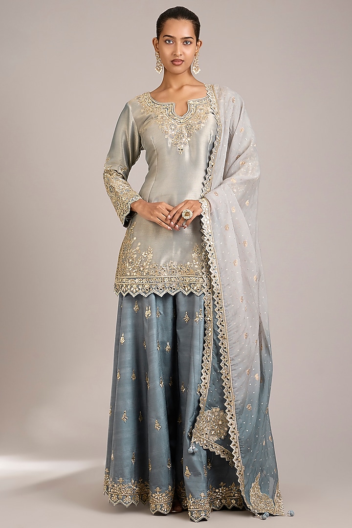 Dusty Grey Tissue & Slub Silk Mirrorwork Embroidered Wedding Sharara Set by Suhino at Pernia's Pop Up Shop
