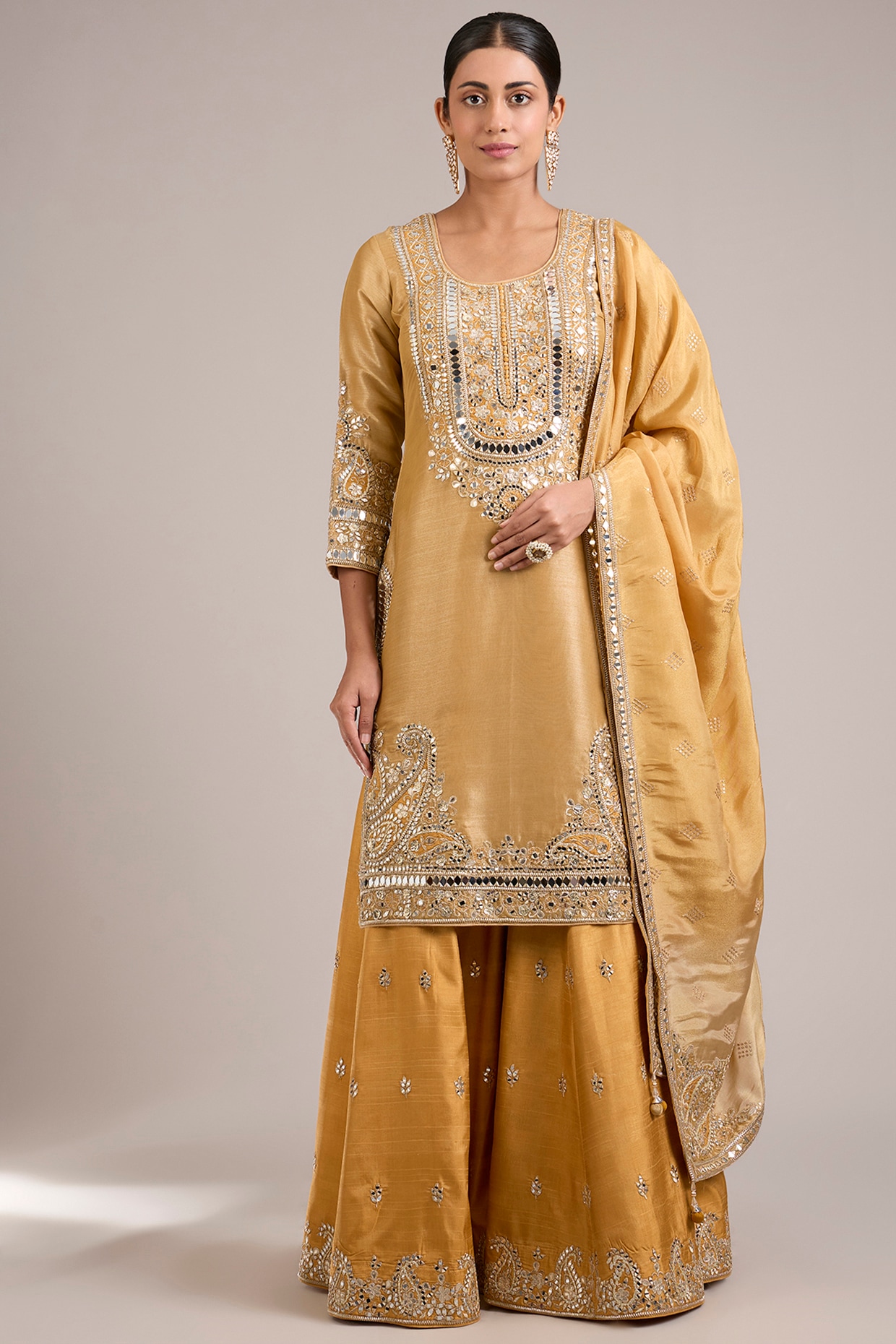 Suhino Dusty Yellow Tissue & Slub Silk Mirrorwork Embroidered Sharara Set