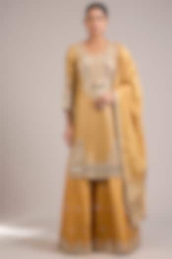 Dusty Yellow Tissue & Slub Silk Mirrorwork Embroidered Wedding Sharara Set by Suhino at Pernia's Pop Up Shop