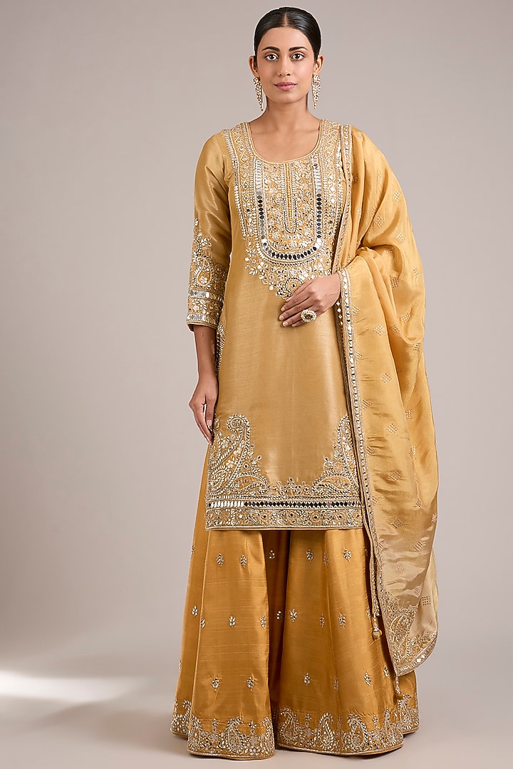 Dusty Yellow Tissue & Slub Silk Mirrorwork Embroidered Wedding Sharara Set by Suhino at Pernia's Pop Up Shop