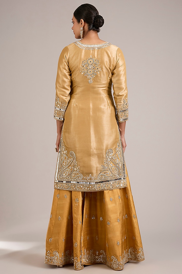 Dusty Yellow Tissue & Slub Silk Mirrorwork Embroidered Wedding Sharara Set by Suhino at Pernia's Pop Up Shop