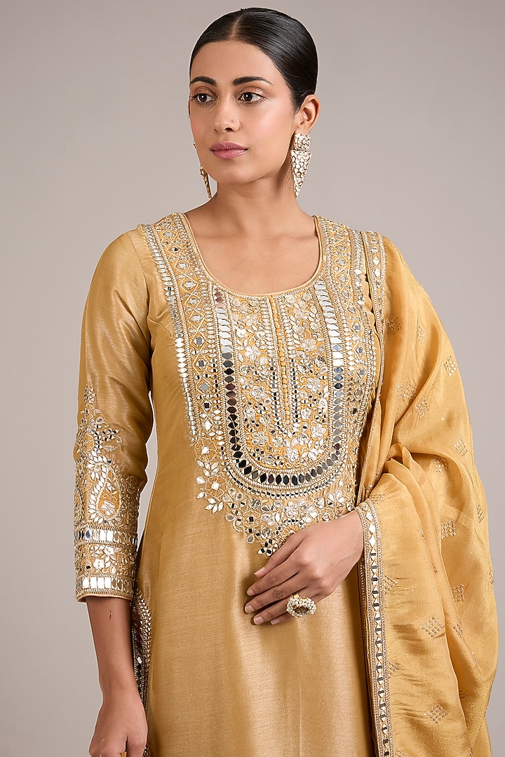 Dusty Yellow Tissue & Slub Silk Mirrorwork Embroidered Wedding Sharara Set by Suhino at Pernia's Pop Up Shop