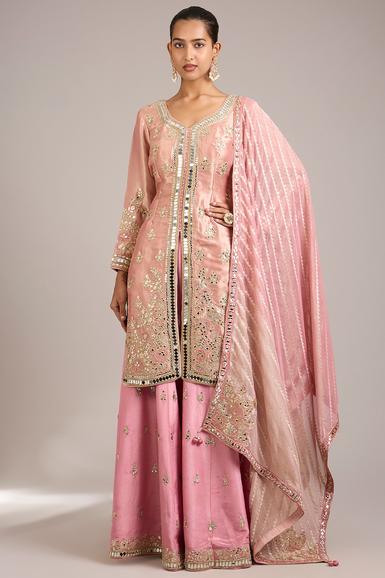 Suhino Dusty Pink Tissue & Slub Silk Mirrorwork Embroidered Sharara Set