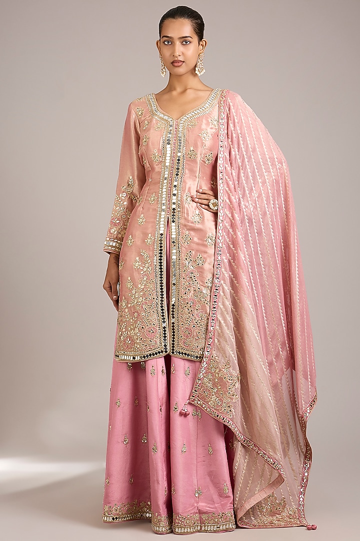 Dusty Pink Tissue & Slub Silk Mirrorwork Embroidered Wedding Sharara Set by Suhino at Pernia's Pop Up Shop